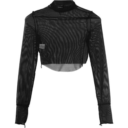 Women Autumn Long Sleeve Turtleneck T-Shirt Sexy See-Through Mesh Neon Bodycon Crop Top Harajuku Ruffles Patchwork Contrast 50JB