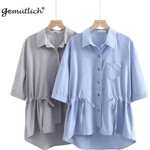 GEMUTLICH Women Oxford Big Size Shirt Adjustable Belt Half Sleeves Summer Autumn Casual Blouse Solid Color Top 2XL-4XL