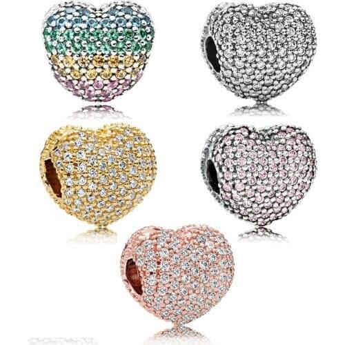 5 Colors Stones Heart Shape Clip Beads for Charms Bracelets Women 925 Sterling Silver Crystal DIY Charm Beads for Jewelry Making