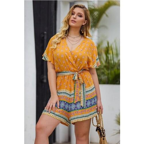 Dresses Women Boho Floral Print Jumpsuits With Belt For Women Short Sleeve Ladies Summer Beach Loose Yellow Large Size 4XL