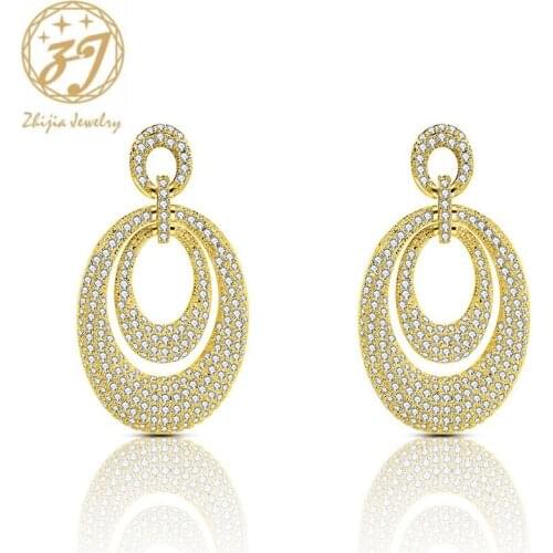 Zhijia exaggeration vintage full rhinestone golden silver Multi-layer oval geometric stud earrings for women wedding party gifts