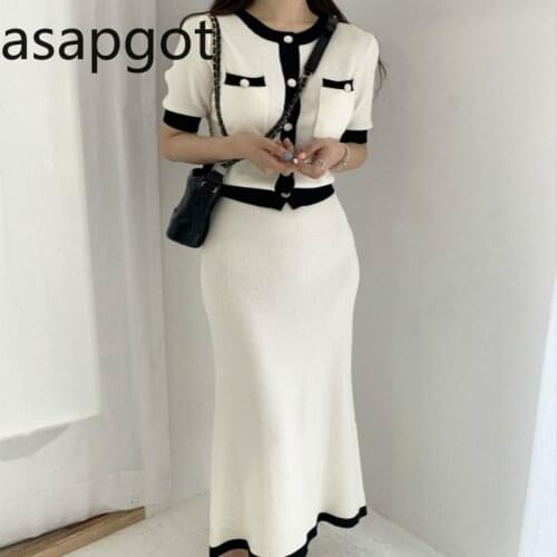 Korean Chic Retro Slim Wild Puff Sleeve Single-breasted Knitted Top Cardigan High Waist Fishtail Skirts 2piece Set Women Fall