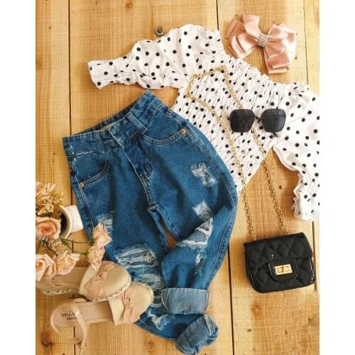 2-6Y Autumn Fashion Toddler Kids Girls Clothes Sets Dots Print Off Shoulder Flare Sleeve T-shirts+Ripped Hole Long Jeans Pants