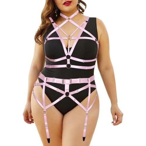 2Pc Harness Belt Plus Size Busty Women Sexy Lingerie Set Exotic Apparel Hollow Bra Punk Clothing Dance Costume Accessories
