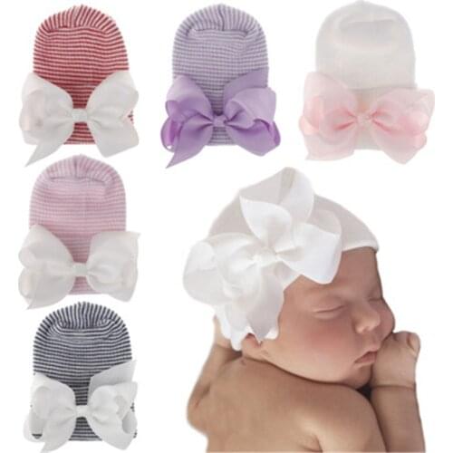 2021 Cute Newborn Baby Girl Comfy Grosgrain ribbon Bowknot Hospital Cap Infant Beanie Hat Knitted Striped Baby Girl Caps Toddler