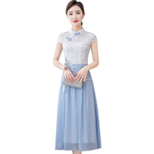 2021 chinese embroidery qipao lace dress elegant cheongsam stand-up collar oriental tassel design blue qipao formal party dress