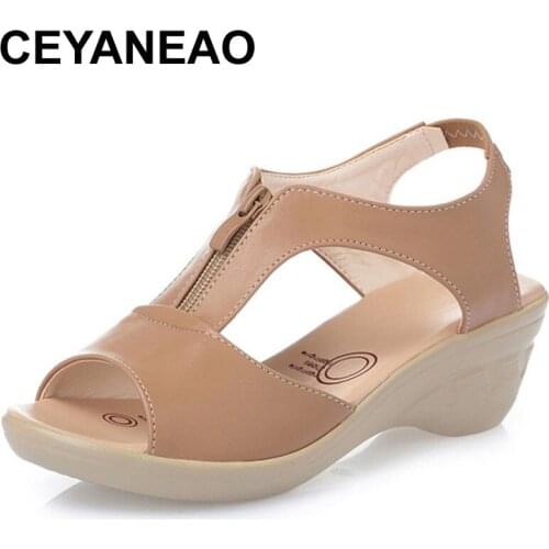 CEYANEAO 2018Women Old Mother Laides Female Sandals Shoes Cow Genuine Leather PU Beach Summer Cool Zipper Size 35-43E883