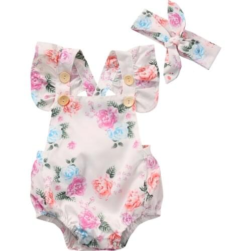 2017 Cute Floral Baby Girls Summer Ruffles Sleeve Print Sunsuit Clothes+ Headband Set Size 0-24M