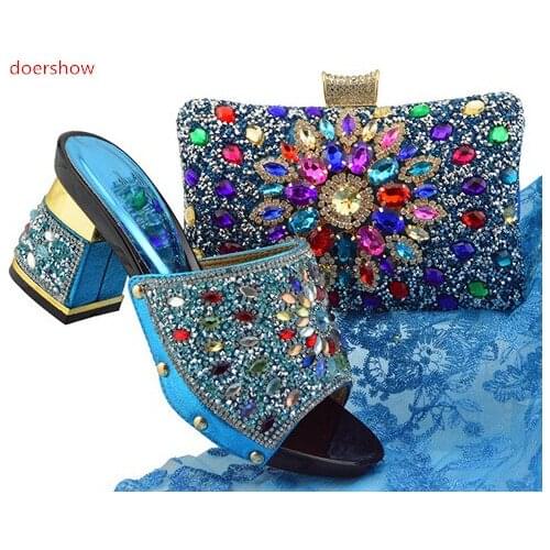 Doershow Italian Shoes with Matching Bags for Women Nigerian Women Wedding Shoes and Bag Set Decorated with Rhinestones PFG1-7