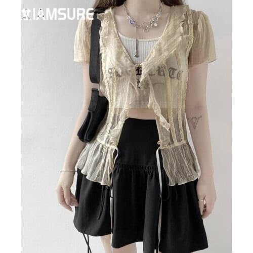 IAMSURE Vintage See Through Mesh Top Sexy Loose Turn-Down Collar V-Neck Short Sleeve Tees Casua Cardigans Women 2021 Fashion 90S