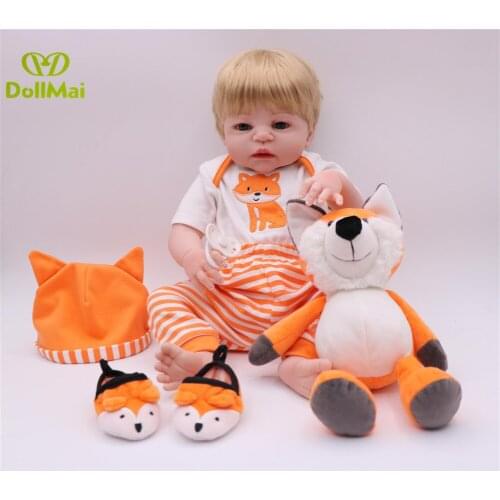 DollMai Bebe doll 55cm silicone reborn boy baby doll child gift with fox clothing plush doll magnetic pacifier bottle bonecas