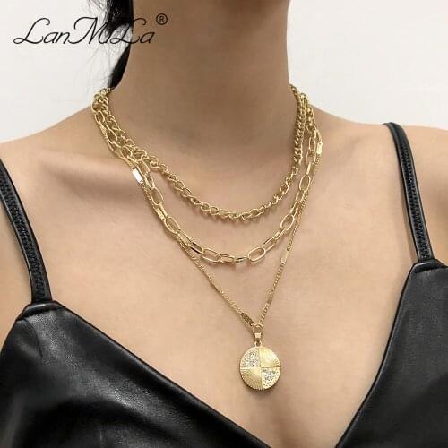 LanMiLa New 2021 Hiphop Round Rhinestone Pendant Layered Gold Metal Link Chain chains Chunky Chain Necklace For Women Jewelry