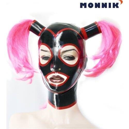 MONNIK latexLatex mask Latex Rubber Hood with Ponytails and Contrast Trim