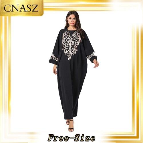 Muslim Dress Islamic Clothing Moroccan Kaftan Arabian Large Size Womens Black Embroidered Casual Autumn Abaya Dress