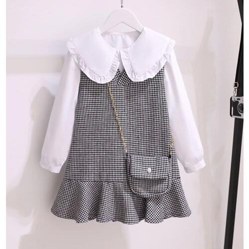 New Year Baby Girls Clothes Cute Cotton Long Sleeve White Shirt Plaid Dress 2 Pieces Kids Sets Spring Autumn Teen Outfit Vestido