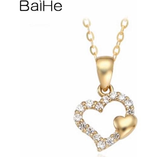 BAIHE Solid 18K Yellow Gold 0.19ct Round Natural Diamond Women Engagement Fine Jewelry Beautiful heart-shaped diamond Necklaces