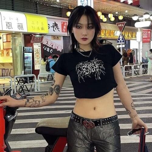 Punk Graphic Letter Print Sexy Crop Tops Tumblr Y2K Chic Harajuku Kpop Goth Streetwear Casual Women 90s Vintage Harajuku T-Shirt