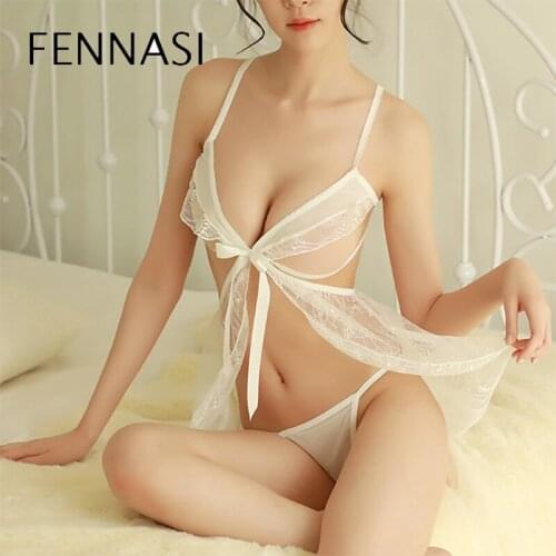 FENNASI Sexy Pajamas Deep V Backless Nightdress With Panty Female Lace Mesh Gauze Perspective Underwear Temptation Pyjamas Women