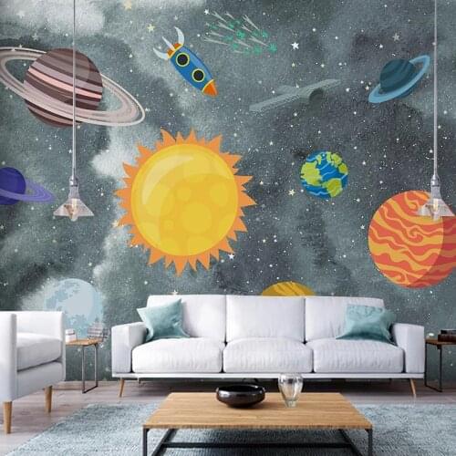 Custom 3D Mural Wallpaper Cartoon Hand Painted Universe Planet Rocket Kids Room Bedroom Waterproof Self-adhesive Wall Sticker
