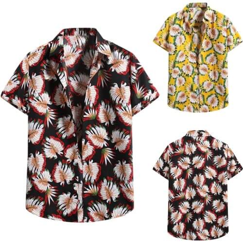 Mens Shirts Fashion Cardigan Casual Hawaiian Beach Flower Shirt Blouse Summer Short Sleeve Turn-Down Collar Shirt Ropa Hombre