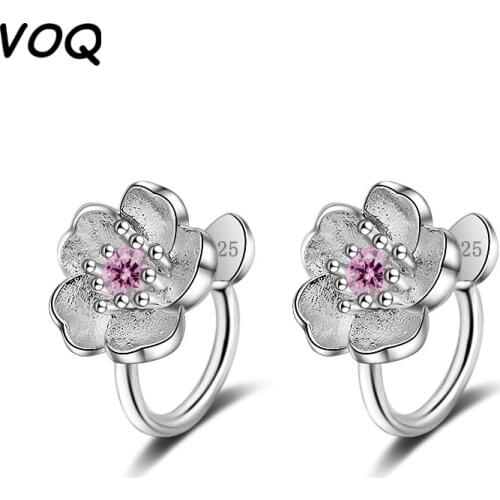 VOQ 925 sterling silver zircon cherry flower flower earrings without pierced ears for girls party sweet pierced ear clips