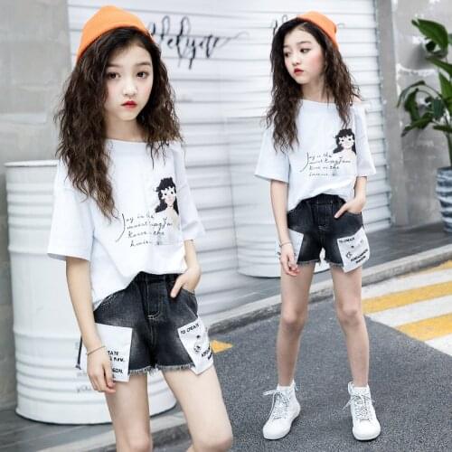 Tracksuit for Children Girl Summer Clothing Suit Cotton Short-sleeve T-shirt + Denim Shorts Two-piece Suit Boutique Kids Outfits