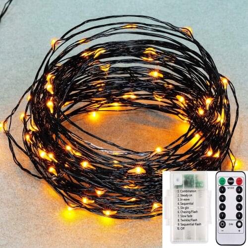 33 ft LED for Halloween Decor with 3AA BATTERY & 8 Modes Remote Control Timer, Waterproof BLACK Copper Wire String Lights