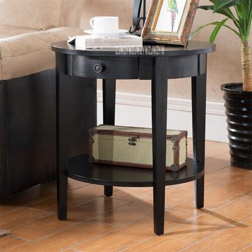 TS-123 Round Shape Solid Wood Coffee Table Home Furniture End Table Living Room Creative Rubber Wood Side Table With 1-Drawer