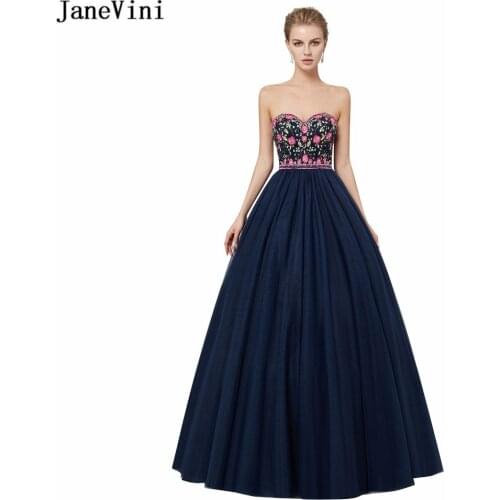JaneVini Vintage Navy Blue Ball Gown Long Bridesmaid Dresses With Petticoat Exquisite Embroidery Beads Tulle Women Pageant Gowns