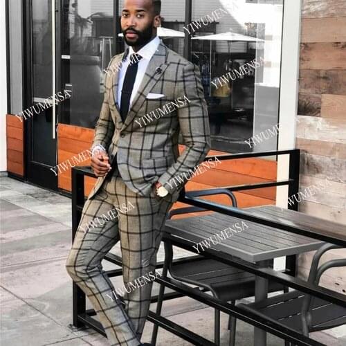 YIWUMENSA Classic Formal Groom Wear Men Suits Blazers 2 Pieces Jacket With Pants Plaid Peak Lapel Business Wedding Tailored