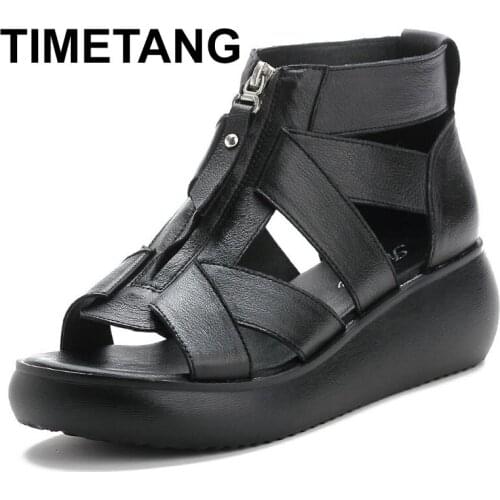 TIMETANG Women Wedge Sandals Peep Toe Front Zipper Gladiator Sandals Women Genuine Leather Casual Platform Sandals Summer Shoes