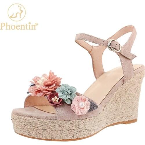 Phoentin Womens Platform wedge Sandals 2021 New Summer Shoes Large Size Bohemian straw Flowers Thick open toe Sandals FT1622