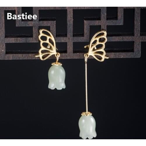 Bastiee Gold Plated 925 Sterling Silver Earrings For Women Butterfly Campanula Dangle Earings Jade Flower Chinese Accessories