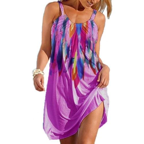 Summer Women Dress Sexy Sling Sleeveless U-neck Off Shoulder Vintage Feather Printing Slims Fit Mini Dresses Beach Sundress