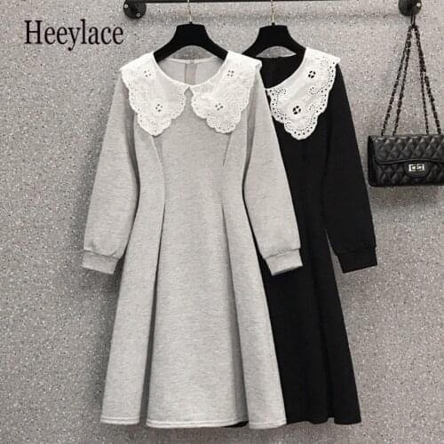 Plus Size 4XL Sweatshirts Dresses For Women Lace Embroidery Peter Pan Collar Sweet Korean Dresses Autumn Casual Cotton Vestidos