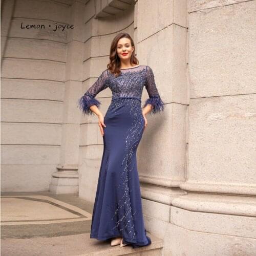 Lemon joyce Dark Blue Evening Dresses with Sleeves Scoop Neck Beading Feathers Mermaid Dress Party Plus Size robe soiree dubai