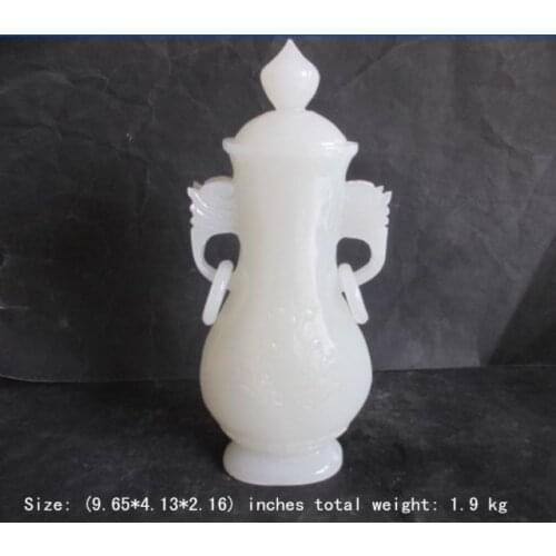 9.65 inch / Elaborate 100% of Afghanistan white jade carved by hand flower dragon vase
