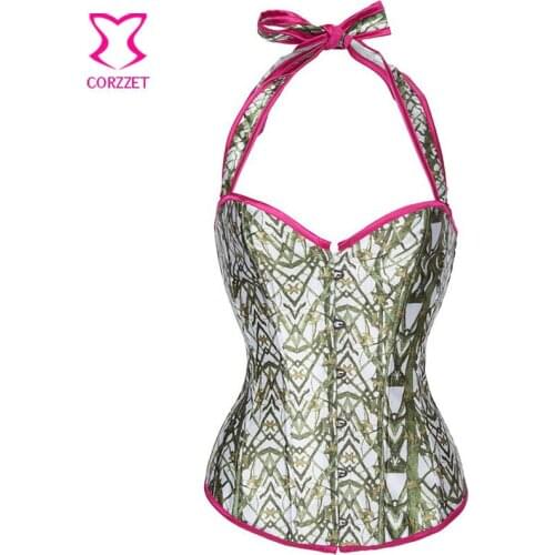 Burlesque Satin Bamboo Printed Corset Bustier Tops Sexy Corsets and Bustiers Women Halter Neck Corselet Corpete Gothic Clothing