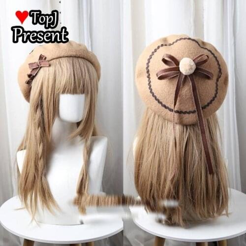 Bow ribbon new wave pattern fairy girl heart Japanese handmade Beret Hat autumn and winter girl warm