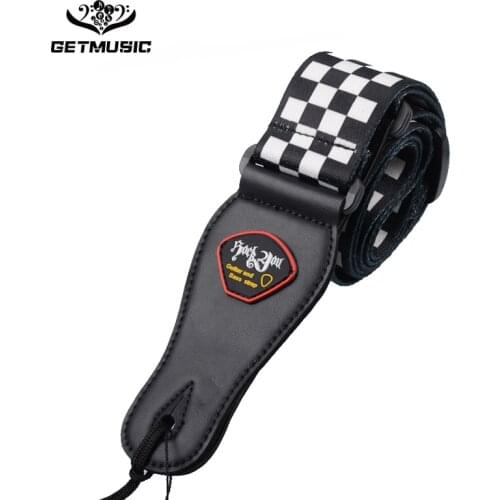 Rockyou Black Nylon White Checked Grid Adjustable Strap PU Leather End for Acoustic Guitar