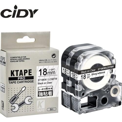 CIDY 2pk 18mm Black on Clear label tape cartridge for compatible LC-5TBW/ST18KW LC5TBW9 for Epson/KingJim machine LW300 LW400