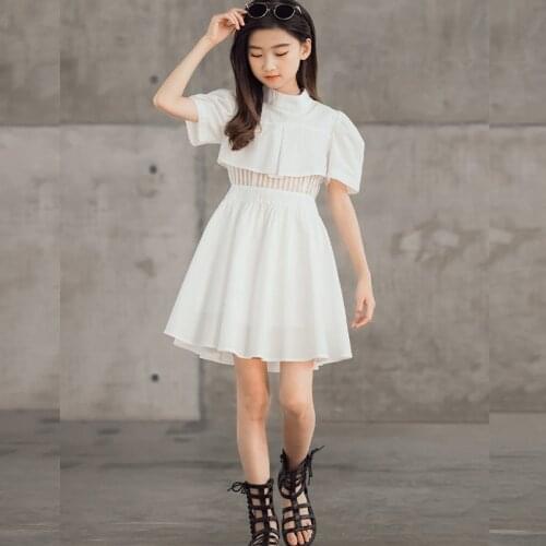 White Black 100% Cotton Big Girls Dresses Teens Kids Clothes New 2021 Fashion Children Summer Dress Party Short Sleeve Clothing