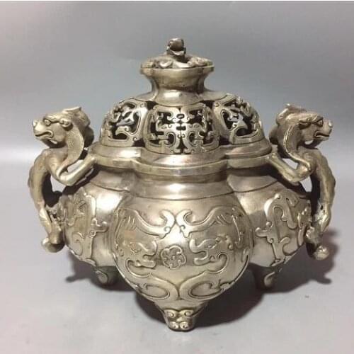 Chinese White Bronze Sculpture Double Dragons And Three Legs Hollow Out Incense Burner Censer Geomantic Water Decoration