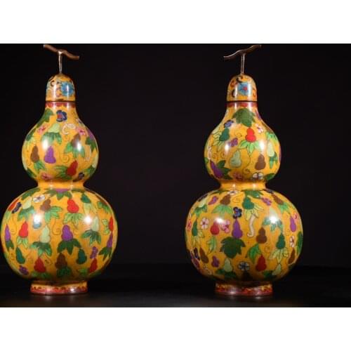 Chinese temple collection Old purple Bronze Cloisonne Enamel Gourd statue Ornaments Fu Lu Shuangquan A pair Town House Exorcism