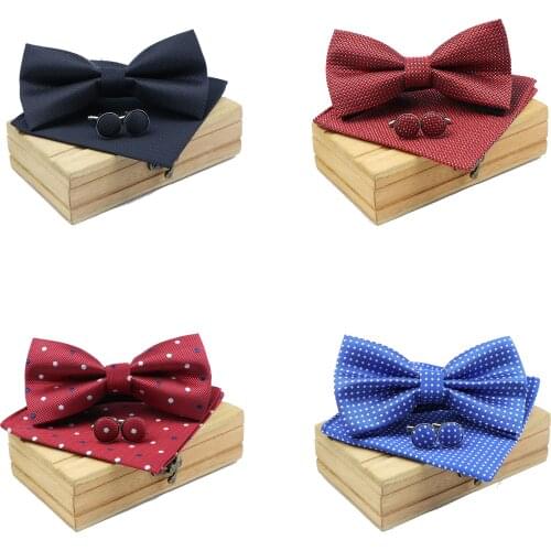 Men Bowtie Cravat Cufflinks 3Pcs Set Fashion Butterfly Party Wedding Bow Ties Solid Color Dots Bowknot Handkerchief Without Box