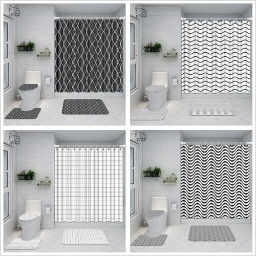 NYAA Geometric Line Bathroom Set White And Black Abstract Stripes Waterproof Shower Curtain Toilet Cover Mat Non Slip Rug