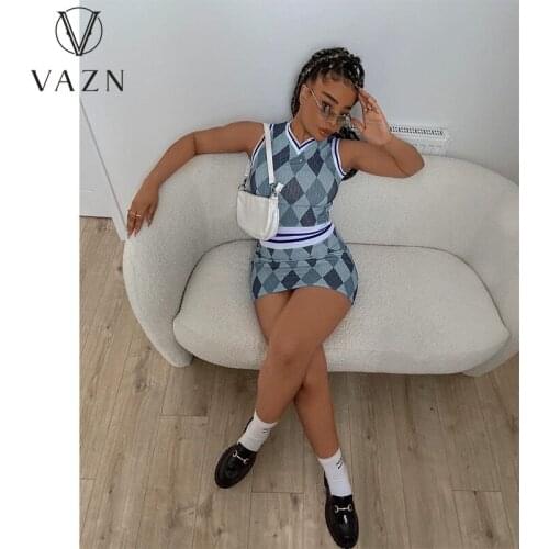 VAZN 2021 New Classic Plaid Little Chap Sexy Young Daily Free Soft Tank Top Mini Skirts High Waist Skinny Women 2 Piece Set