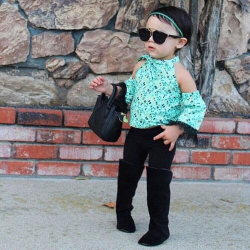 New Girls Clothes Suit floral top and black pants 2pcs / Set Fashion halter Strapless Shirt fashion Childrens Suit