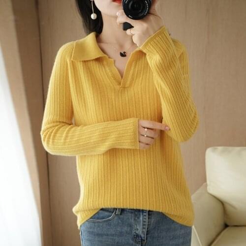 2021 winter new womens pullover 100% pure wool sweater casual solid color POLO collar cashmere sweater plus size ladies top