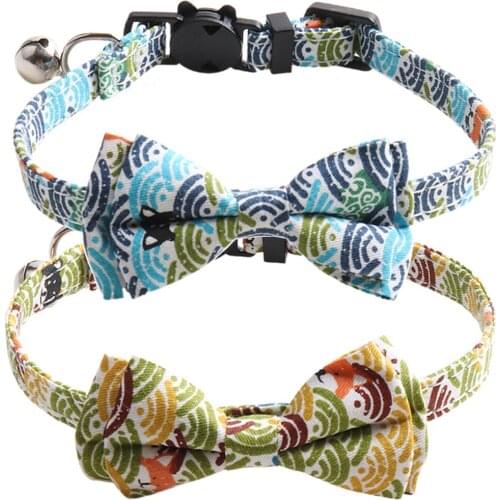 New Arrival Breakaway Cat Collar with Bell and Bowtie Japanese Lucky Stripe Pattern Safety Kitten Collars For Pets Blue Green